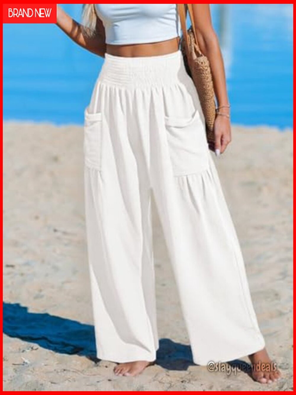 Wide Leg Palazzo Pants High Waisted Flowy Summer Beach Pants with Pockets - Picture 2 of 7